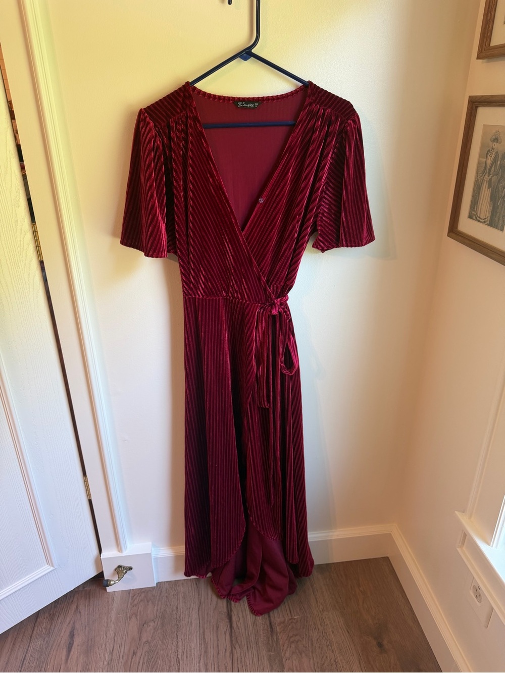 Simple Burgundy Velvet Wrap Dress with Short Flutter Sleeves